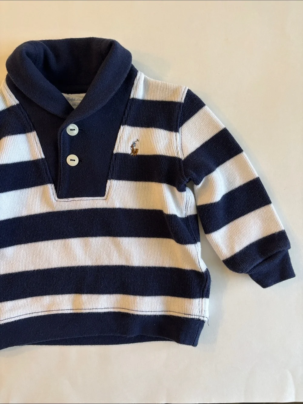 Ralph Lauren Baby Boy Navy White Striped Shawl Collar Sweater Size 9 Months